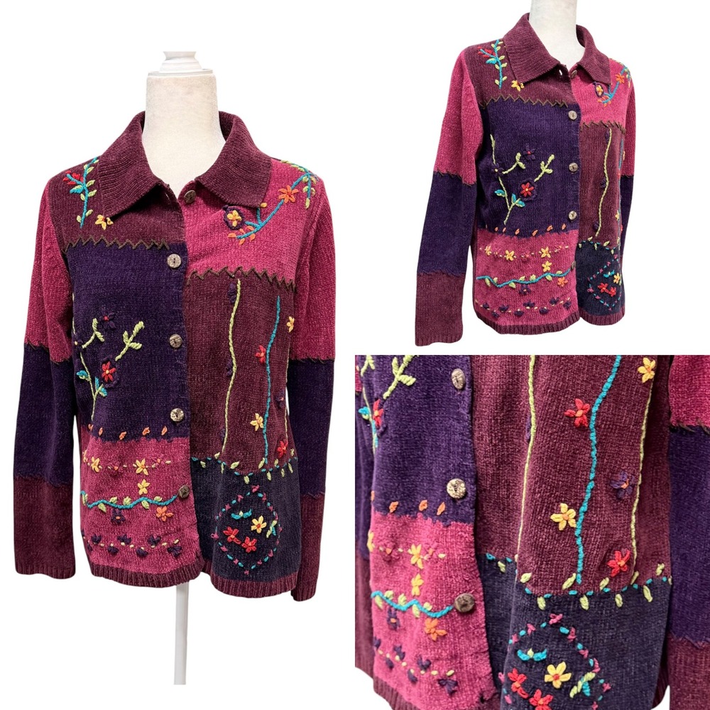 Vtg 90s Cardigan Sweater Women M Patchwork Embroidered Floral Knit Grannycore